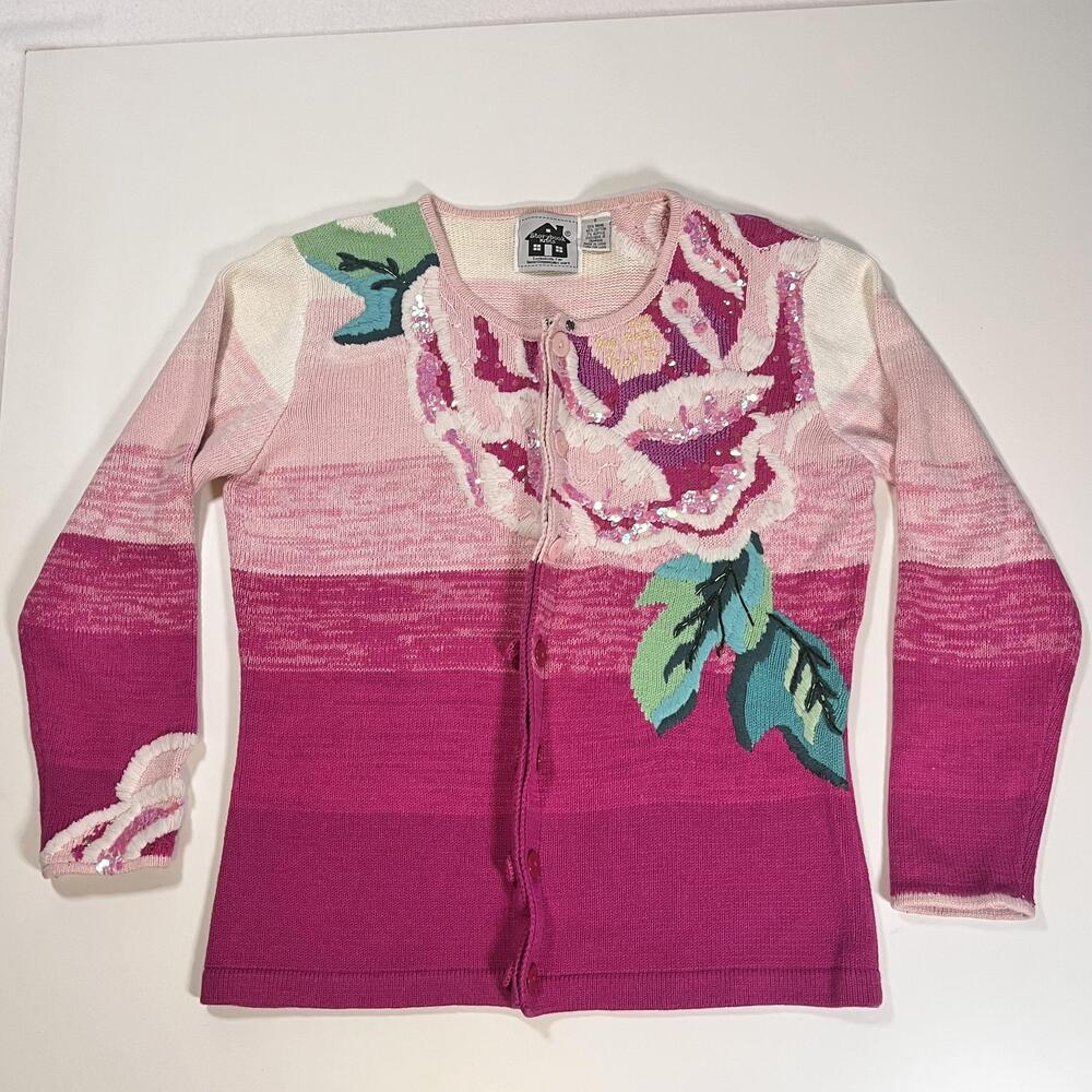 Storybook Knits Rose Cardigan Sweater Vintage Kei Cute Pink Floral Sequin Ombre